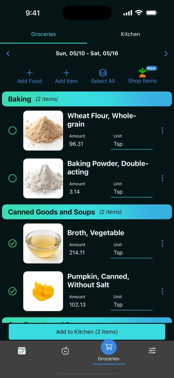 Portions: Shopping list
